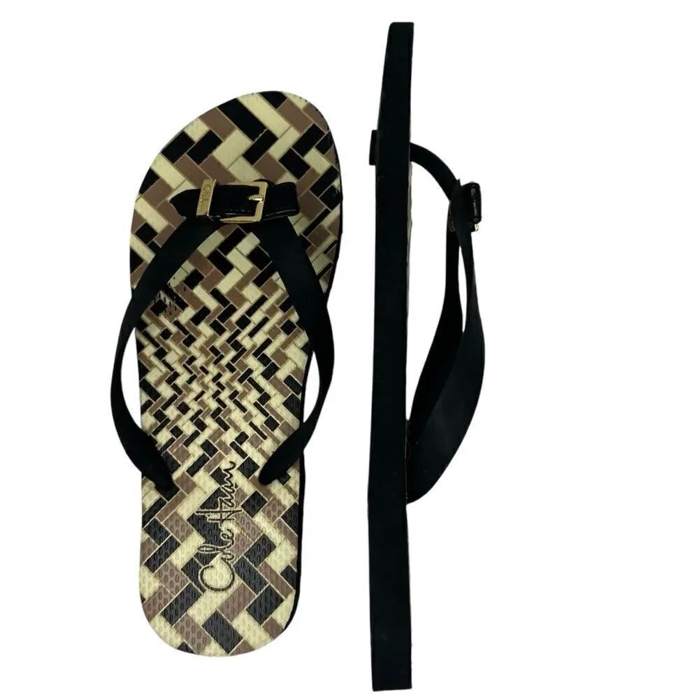 Cole Haan Womens Black Geometric Gold Buckle Flip Flops PVC Sandals Size 8